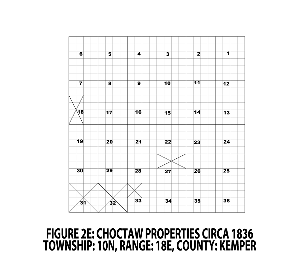 FIGURE 2E - CHOCTAW PROPERTIES CIRCA 1836; TOWNSHIP: 10N, RANGE: 18E, COUNTY: KEMPER