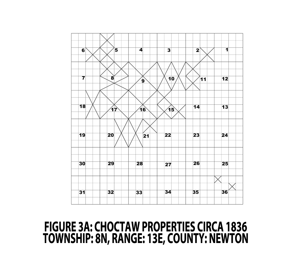 FIGURE 3A - CHOCTAW PROPERTIES CIRCA 1836; TOWNSHIP: 8N, RANGE: 13E, COUNTY: NEWTON