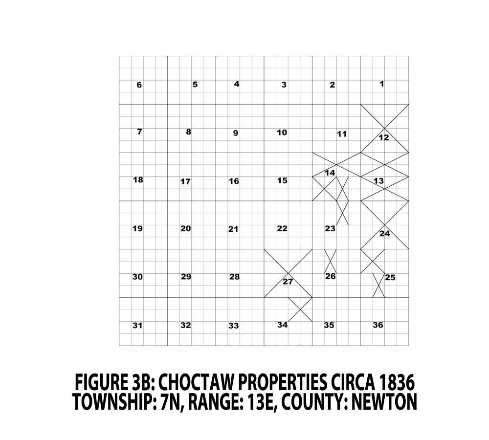 FIGURE 3B - CHOCTAW PROPERTIES CIRCA 1836; TOWNSHIP: 7N, RANGE: 13E, COUNTY: NEWTON