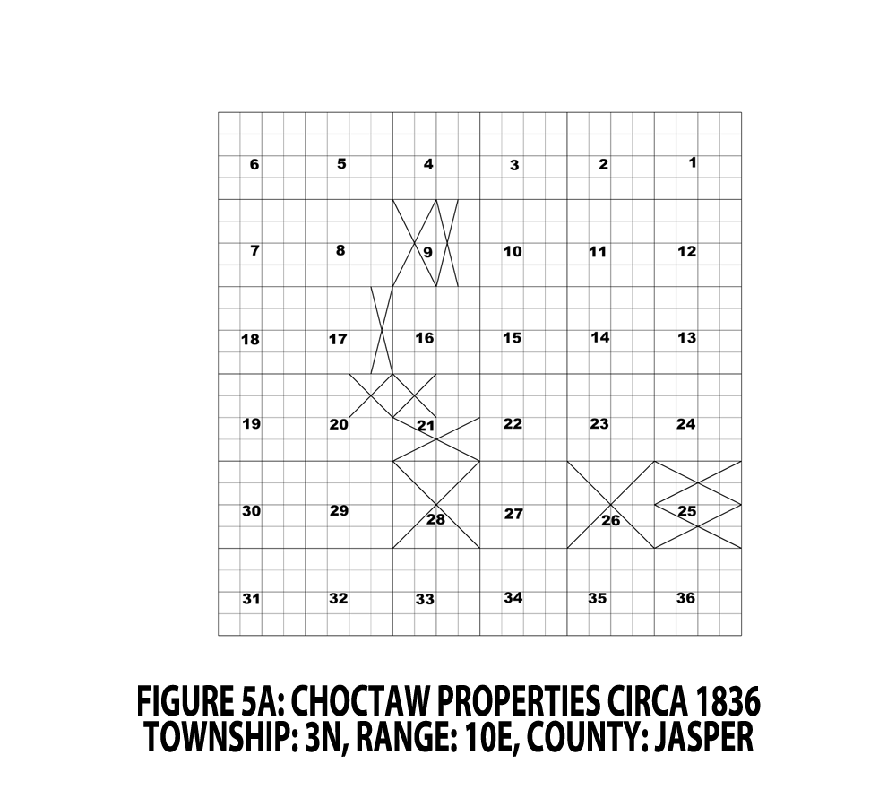 FIGURE 5A - CHOCTAW PROPERTIES CIRCA 1836; TOWNSHIP: 3N, RANGE: 10E, COUNTY: JASPER